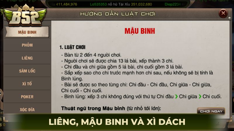 Liêng, Mậu Binh và Xì Dách